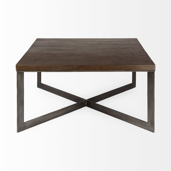 Faye 34L x 34W x 17H Medium Brown Wood W/Antique Nickel Metal Base Square Coffee Table