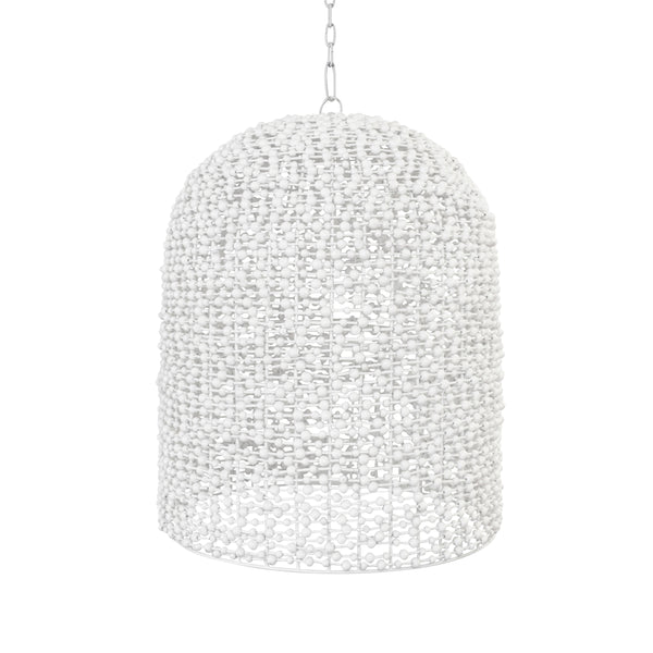 ELONGATED DOME SHAPED PENDANT WRAPPED WITH WHITEWASH WOOD BEADS