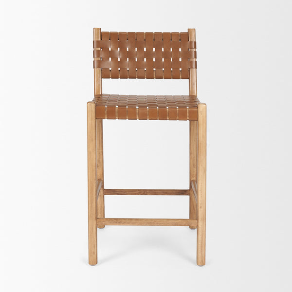Shane Brown Wood w/ Woven Brown Leather Counter Stool