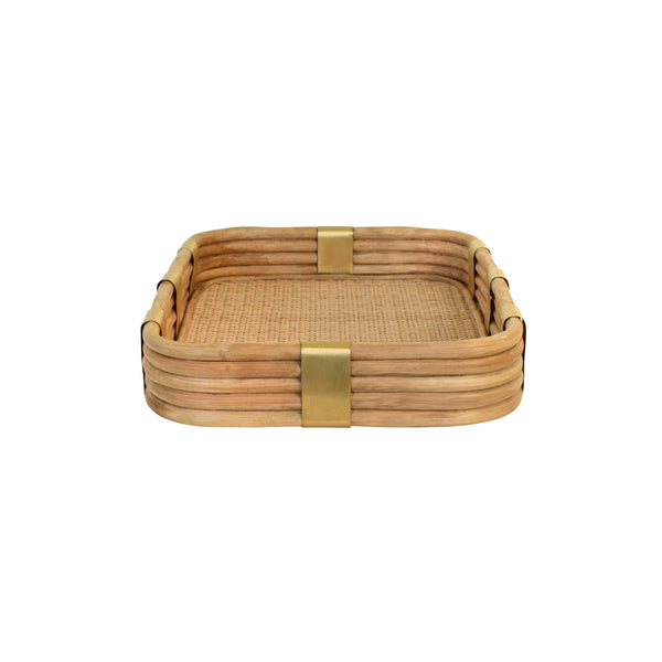 RECTANGULAR NATURAL RATTAN TRAY WITH BRASS RIM AND ROUNDED CORNERS