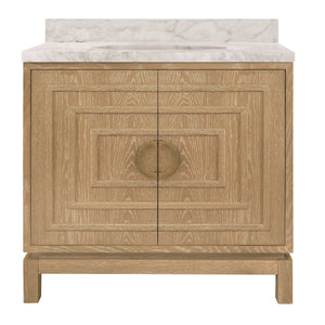 BATH VANITY IN CERUSED OAK WITH ANTIQUE BRASS CIRCLE HARDWARE, WHITE MARBLE TOP, AND PORCELAIN SINK