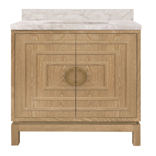BATH VANITY IN CERUSED OAK WITH ANTIQUE BRASS CIRCLE HARDWARE, WHITE MARBLE TOP, AND PORCELAIN SINK