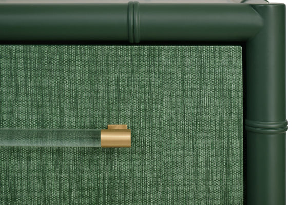 FOUR DRAWER CHEST WITH BAMBOO DETAIL IN GREEN DYED GRASSCLOTH AND DARK GREEN MATTE LACQUER