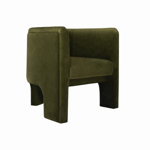 THREE LEG FULLY UPHOLSTERED BARREL CHAIR IN OLIVE VELVET