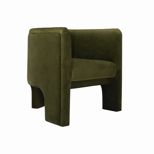 THREE LEG FULLY UPHOLSTERED BARREL CHAIR IN OLIVE VELVET