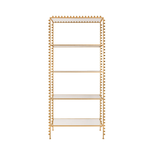BALL LINED ETAGERE WITH CLEAR GLASS SHELVES IN GOLD LEAF