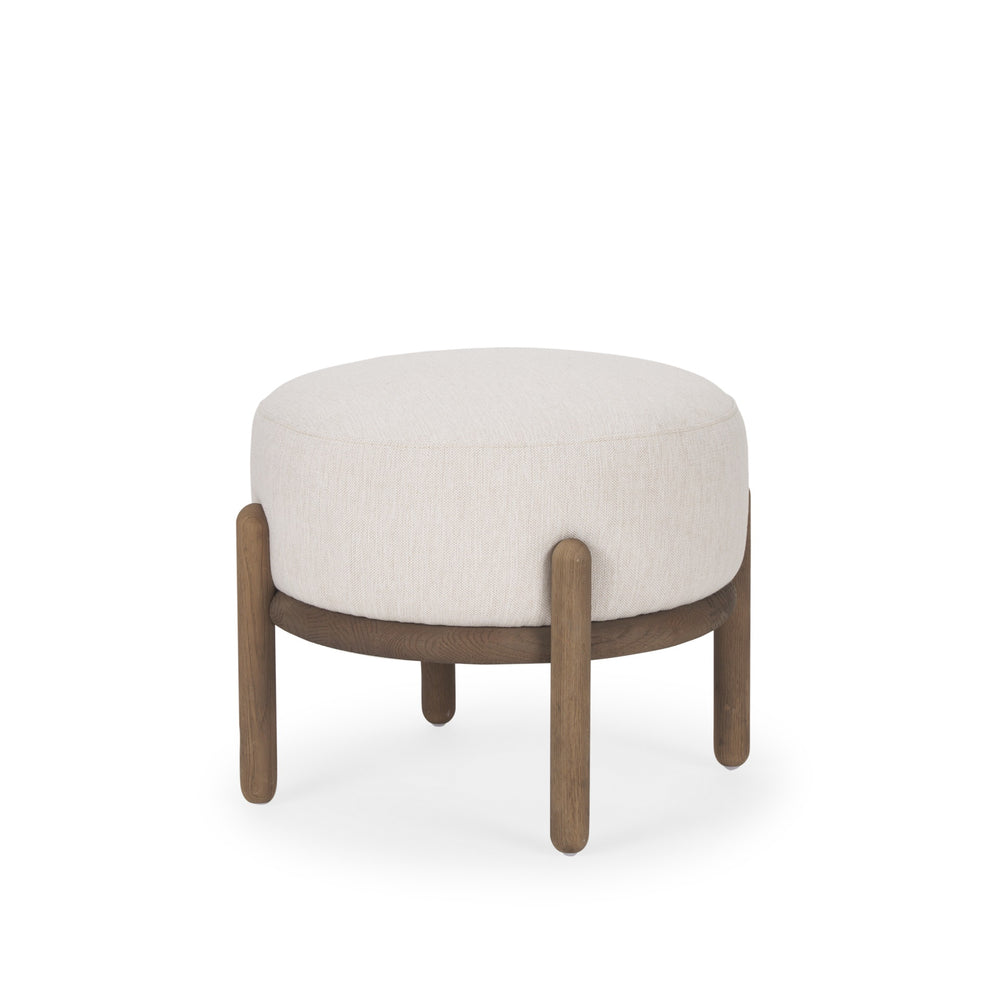 Gwynn Oatmeal Fabric w/ Dark Brown Wood Pouf