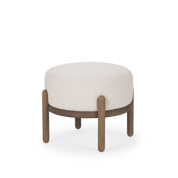 Gwynn Oatmeal Fabric w/ Dark Brown Wood Pouf