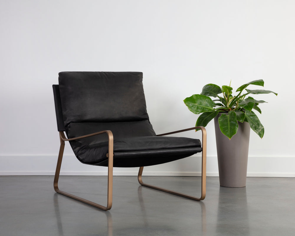 ZANCOR LOUNGE CHAIR - ANTIQUE BRASS - CHARCOAL BLACK LEATHER