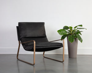 ZANCOR LOUNGE CHAIR - ANTIQUE BRASS - CHARCOAL BLACK LEATHER