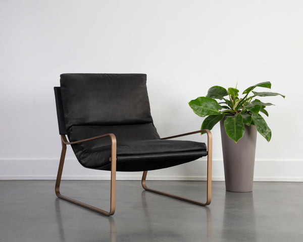 ZANCOR LOUNGE CHAIR - ANTIQUE BRASS - CHARCOAL BLACK LEATHER