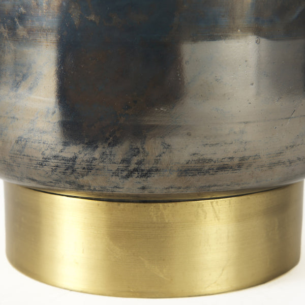 Caspian I Tall Blue Glass Antiqued Brass Bottom Vase
