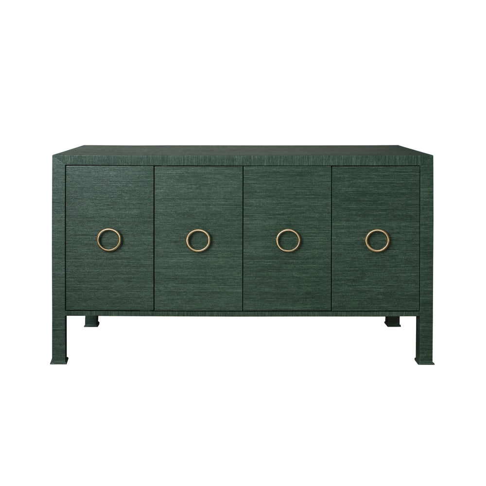 FOUR DOOR BUFFET WITH ANTIQUE BRASS CIRCLE HARDWARE IN DYED GREEN GRASSCLOTH