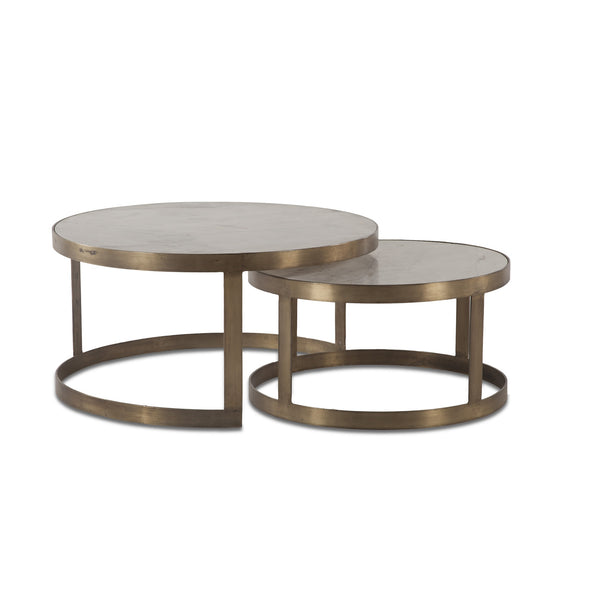 Michaelangelo White Marble Coffee Tables with Antique Gold Base, Set of 2