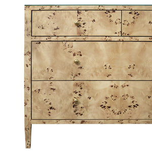FOUR DRAWER CHEST IN BURL WOOD WITH GLASS TOP
