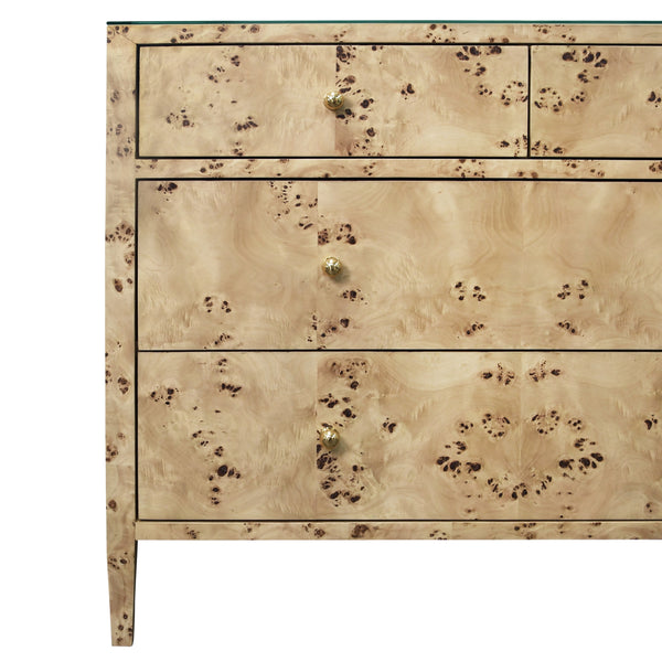FOUR DRAWER CHEST IN BURL WOOD WITH GLASS TOP