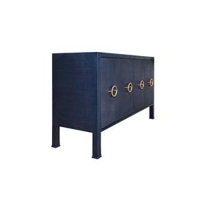 FOUR DOOR BUFFET WITH ANTIQUE BRASS CIRCLE HARDWARE IN TEXTURED NAVY LINEN