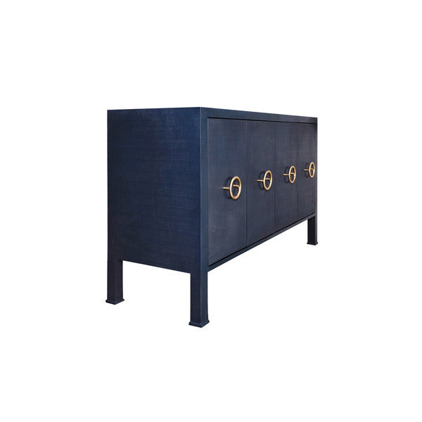 FOUR DOOR BUFFET WITH ANTIQUE BRASS CIRCLE HARDWARE IN TEXTURED NAVY LINEN