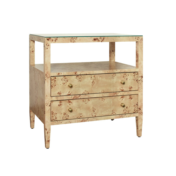 TWO DRAWER SIDE TABLE WITH OPEN TOP SHELF IN BURL WOOD WITH POLISHED BRASS KNOBS