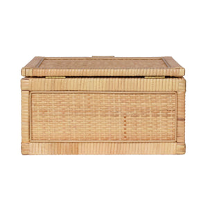LARGE NATURAL RATTAN DECORATIVE BOX WITH BRASS FOOT CAPS