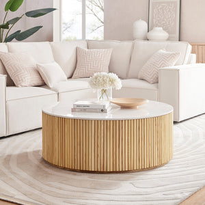 Ingrid Ceramic Top 39.5" Round Coffee Table, Marble/Natural