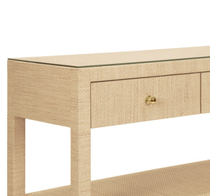 THREE DRAWER CONSOLE WITH TWO OPEN SHELVES IN NATURAL GRASSCLOTH WITH POLISHED BRASS KNOBS