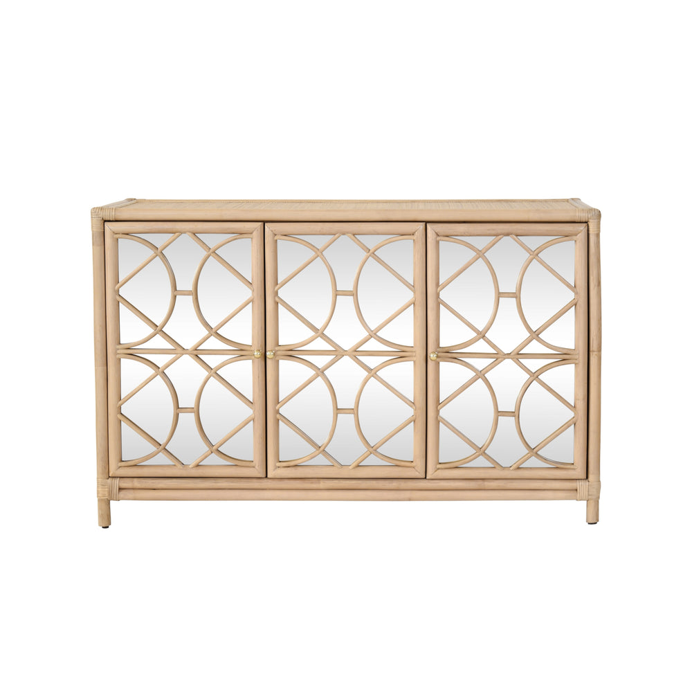 THREE DOOR DECORATIVE MIRROR FRONT BUFFET IN NATURAL RATTAN