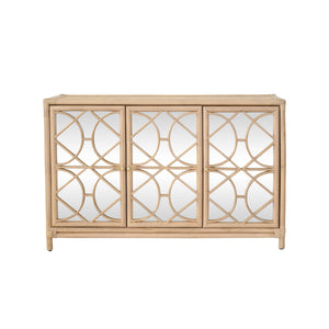 THREE DOOR DECORATIVE MIRROR FRONT BUFFET IN NATURAL RATTAN