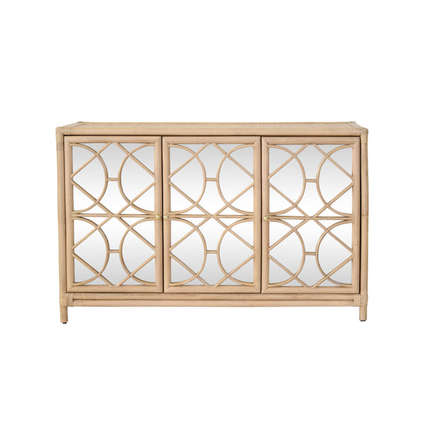THREE DOOR DECORATIVE MIRROR FRONT BUFFET IN NATURAL RATTAN