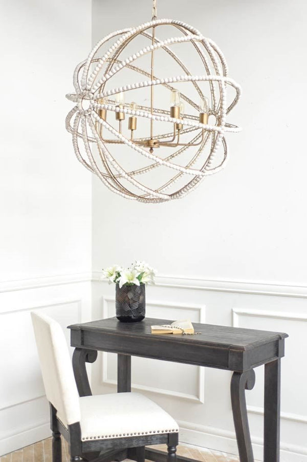 Ava White (34"D) Gold Metal and White Wood Beaded Six Bulb Chandelier