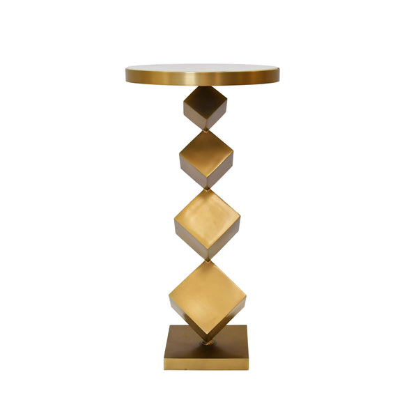 STACKED CUBE BASE SIDE TABLE IN ANTIQUE BRASS WITH INSET WHITE MARBLE TOP