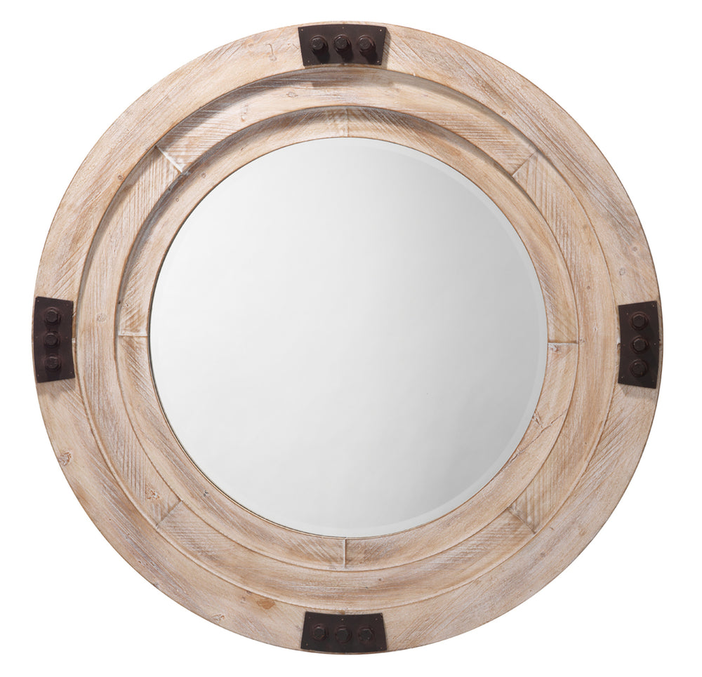 Foreman Wood Round Wall Mirror, White Washed
