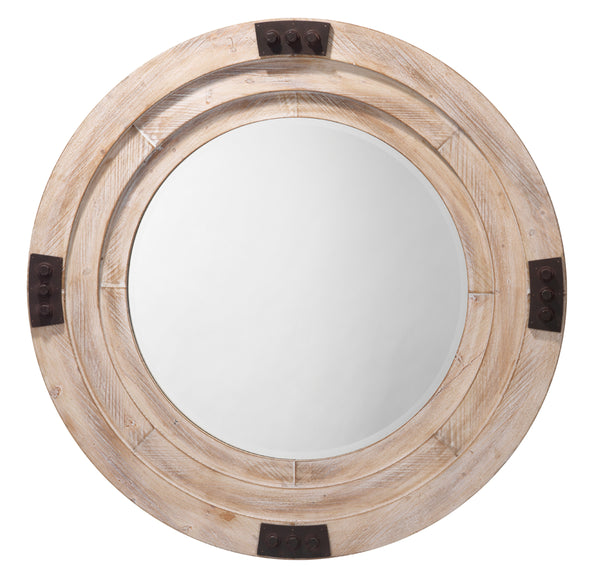 Foreman Wood Round Wall Mirror, White Washed