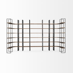 Turner II 37L x 10.5W x 90H Curved Dark Brown Wood And Black Iron Six Shelving Unit