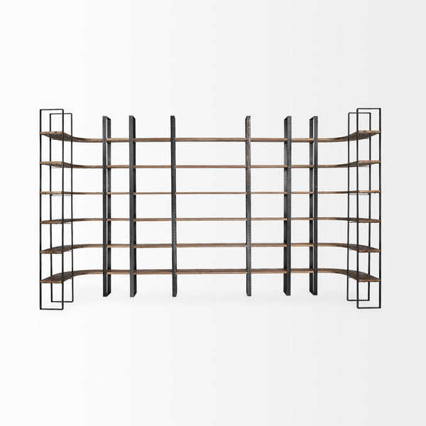 Turner II 37L x 10.5W x 90H Curved Dark Brown Wood And Black Iron Six Shelving Unit