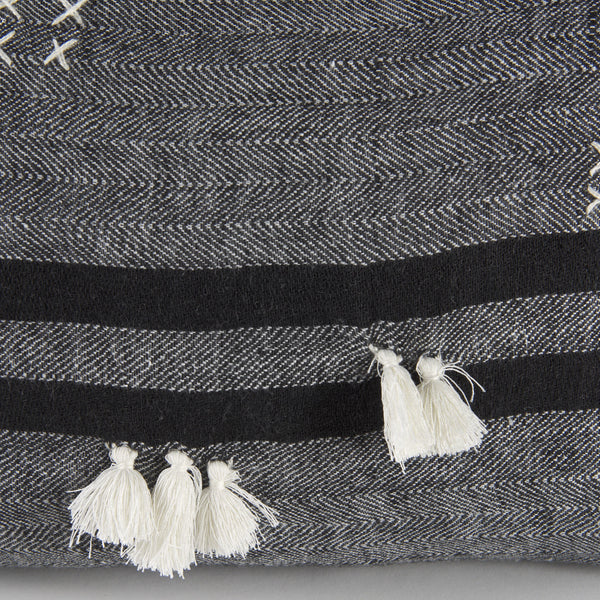 Sibyl 13L x 21W Black Fabric Striped and White Fringed Decorative Pillow Cover