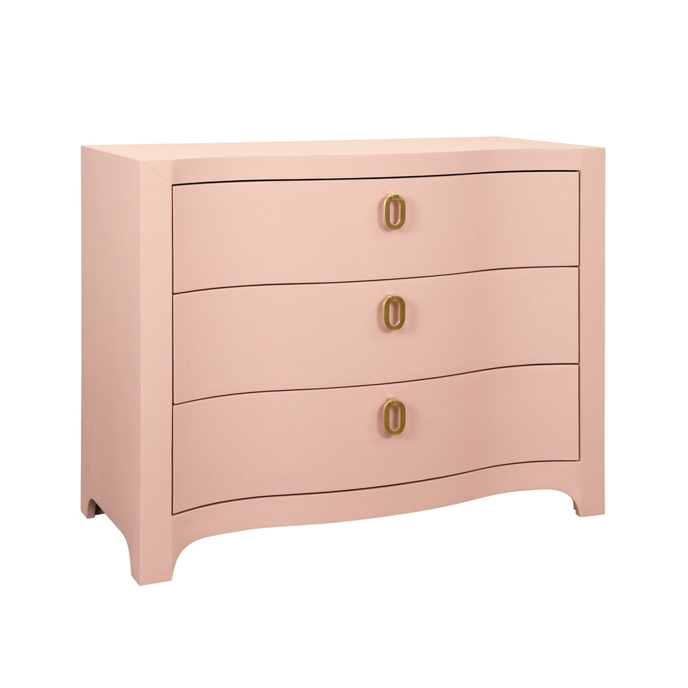 CURVED FRONT CHEST WITH THREE DRAWERS IN TEXTURED PINK LINEN WITH SATIN BRASS RING HARDWARE