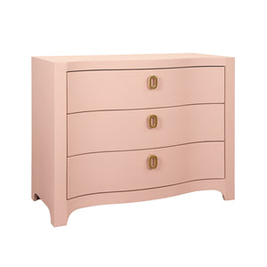 CURVED FRONT CHEST WITH THREE DRAWERS IN TEXTURED PINK LINEN WITH SATIN BRASS RING HARDWARE