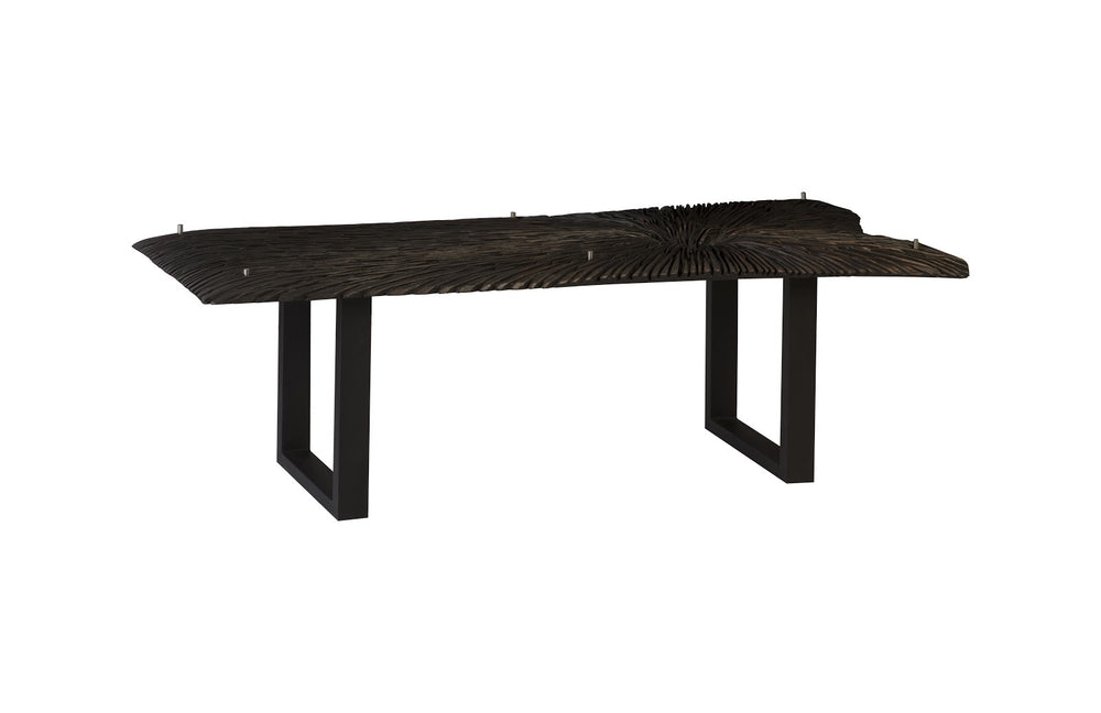 Chainsaw Dining Table with Glass, Chamcha Wood, Burnt Black, Black Iron U Legs