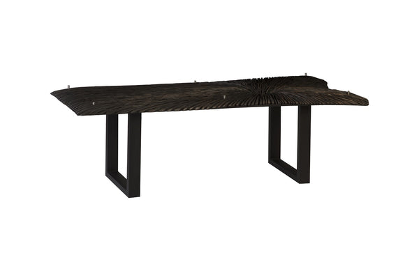 Chainsaw Dining Table with Glass, Chamcha Wood, Burnt Black, Black Iron U Legs