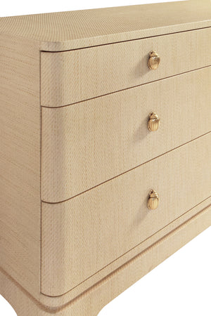 SIX DRAWER ROUNDED EDGE CHEST WITH BRASS BEETLE KNOB IN NATURAL GRASSCLOTH