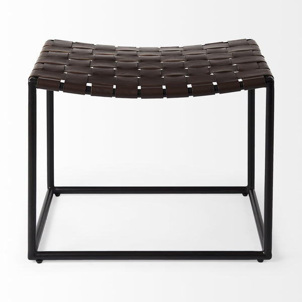 Clarissa 22.0L x 16.0W x 16.5H Brown Leather Woven Seat W/ Black Metal Frame Stool