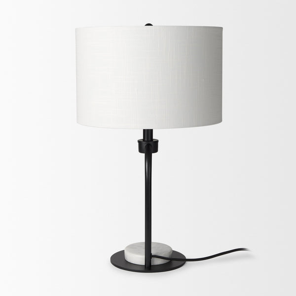Sarah 15.0L x 10.0W x 22.2H Arched Black Metal W/Marble Cube and White Shade Table Lamp