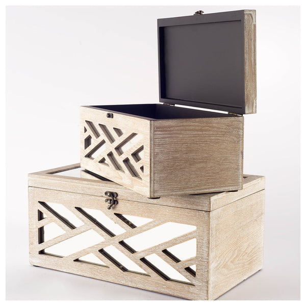 Tiffany (Set of 2) Off-White Wooden W/ Mirror Inlay Chevron Boxes