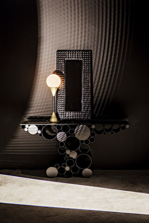 Paradox Console Table in Matte Black Industrial Steel with Glass Top