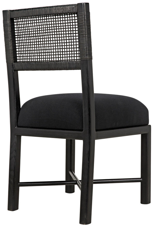 Lobos Sungkai and Mindi Chair with Woven Leather Backrest in Charcoal Black with Black Cotton Upholstery