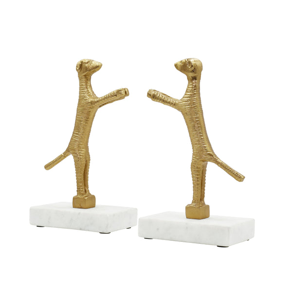 PAIR OF DOG BOOKENDS IN BRASS FINISH ON WHITE MARBLE BASE