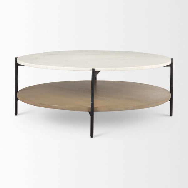 Larkin Marble Top w/ Brown Wood Shelf Round Coffee Table