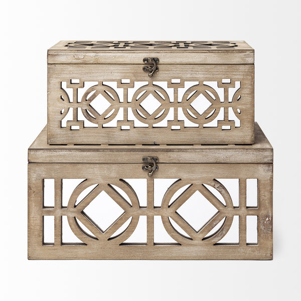 Estooki Set of 2 Natural Wood Mirrored Boxes