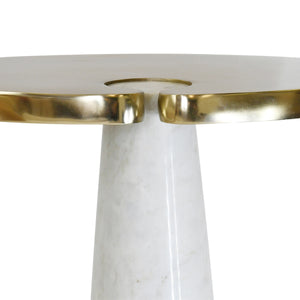OVAL SIDE TABLE WITH BRASS TOP AND WHITE MARBLE PEDESTAL BASE